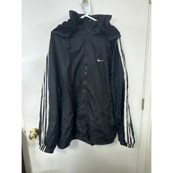 Nike Mens Hooded Windbreaker Jacket Black With White Stripes Size L